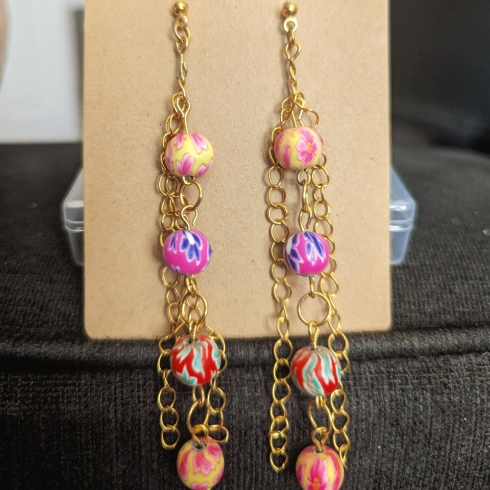Handcrafted Beaded Gold Chain Dangly Earrings